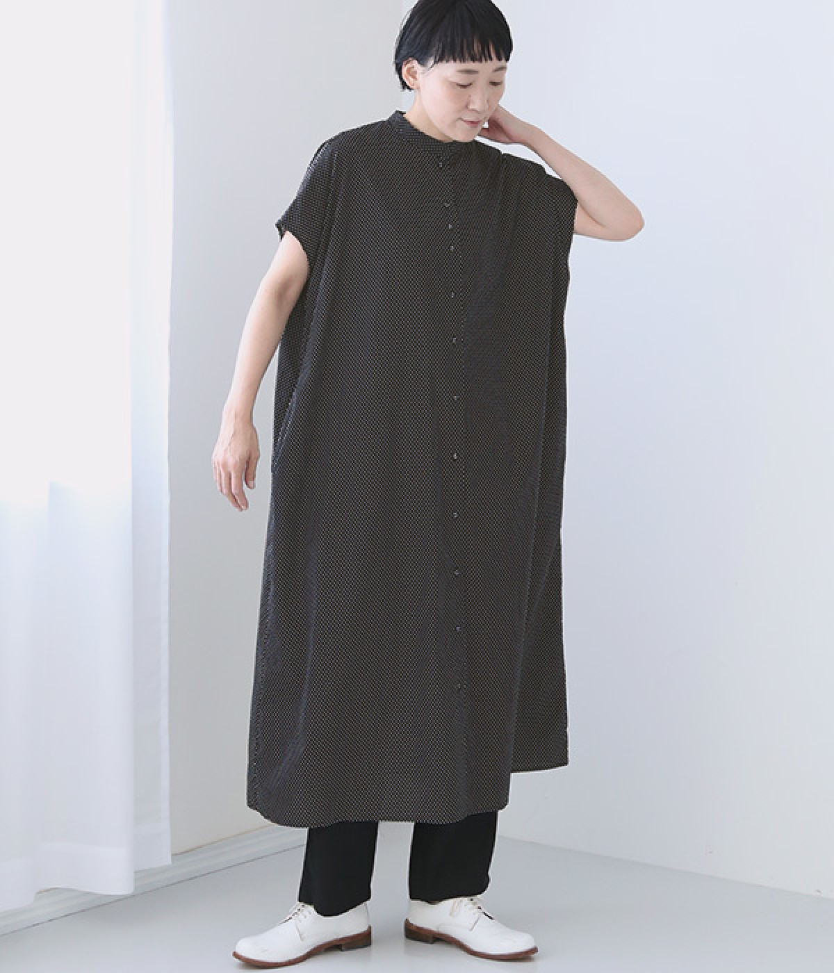 Cornetスタンドカラーフレンチスリーブワンピース(ドット-ONESIZE)