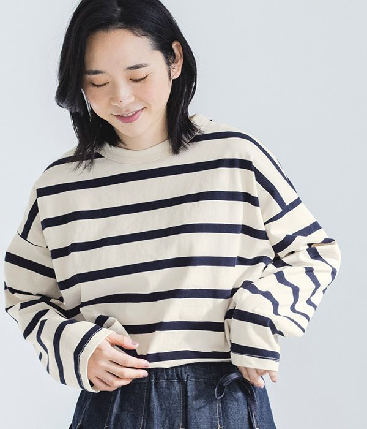 USコットンオーバーサイズロングTシャツ(キナリ×ネイビー-ONESIZE)