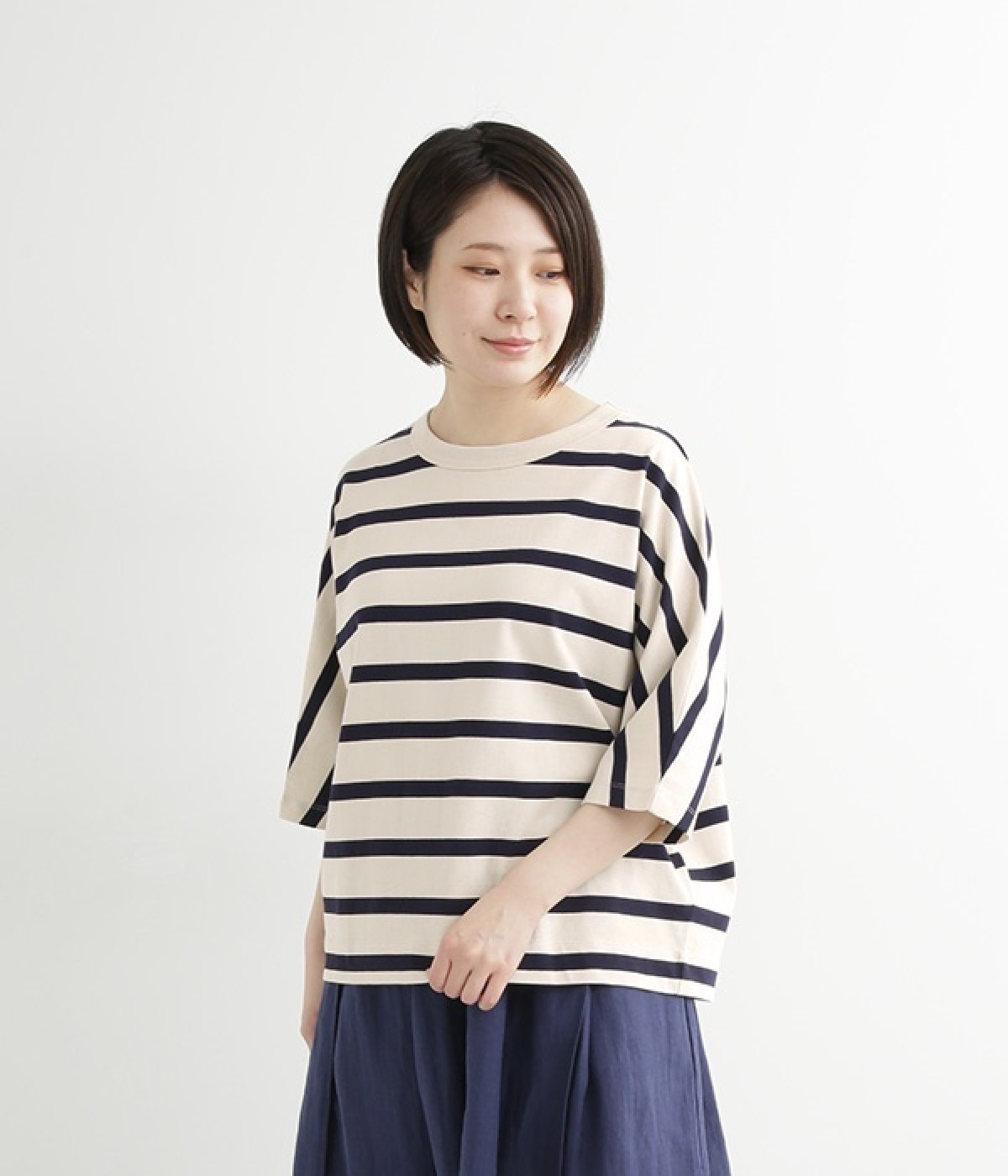 Cloche　USコットン5分袖Tシャツ(キナリ×ネイビー-ONESIZE)