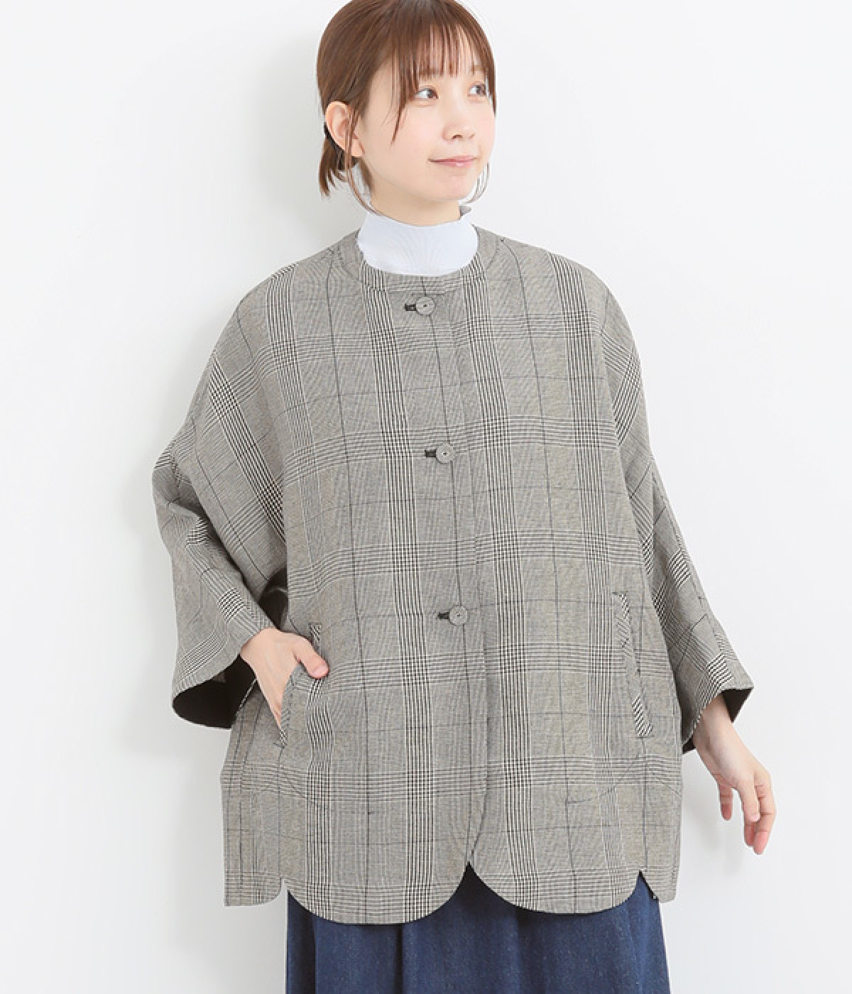 Clocheリネンレーヨンスカラップジャケット(グレンチェック-ONESIZE)