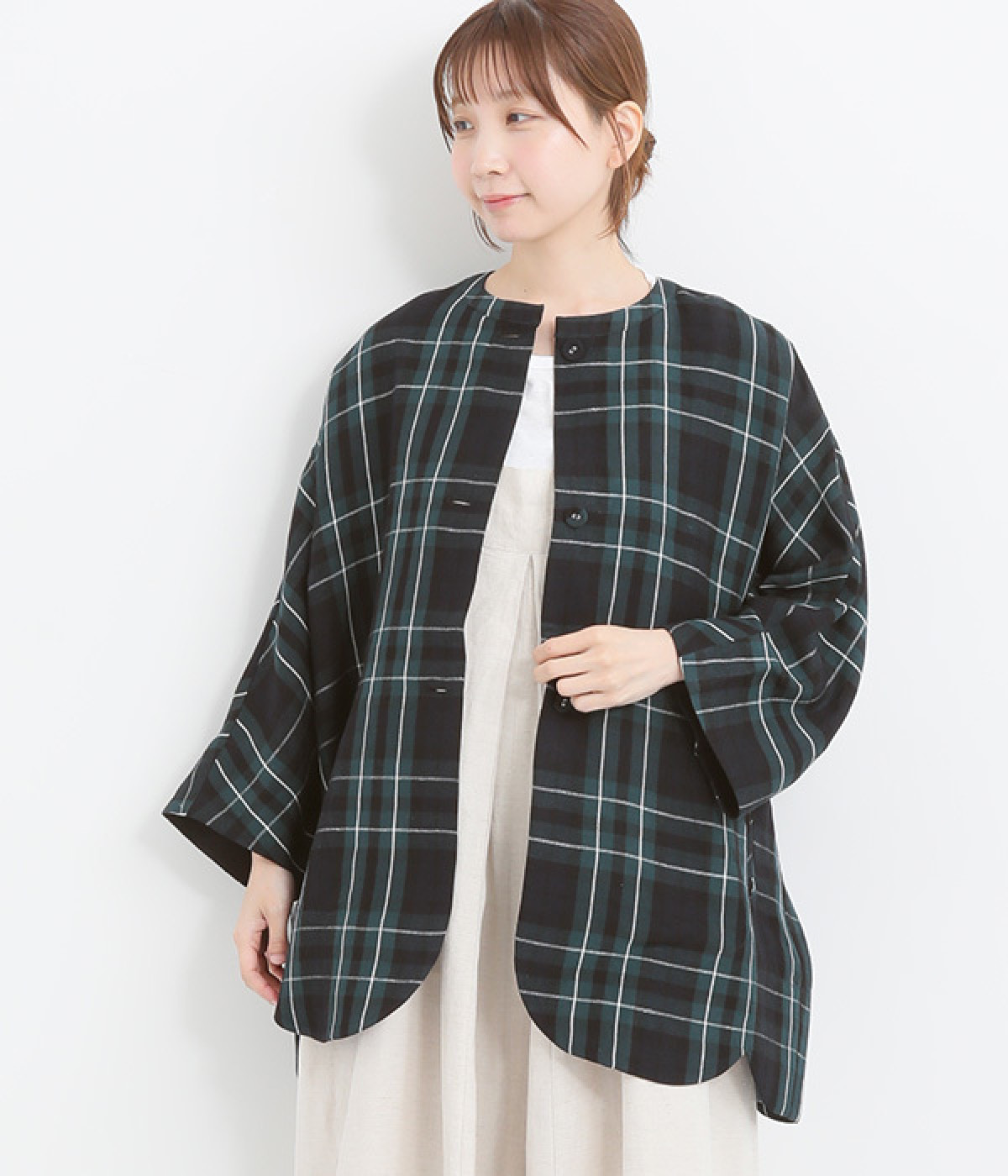 Clocheリネンレーヨンスカラップジャケット(ブラックウォッチ-ONESIZE)