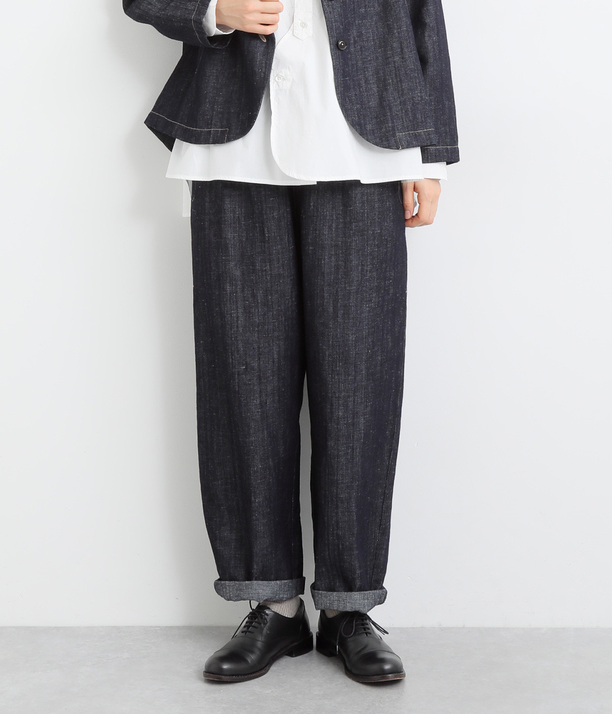 コットンリネンバックヘムロゴパンツ(インディゴ-ONESIZE)