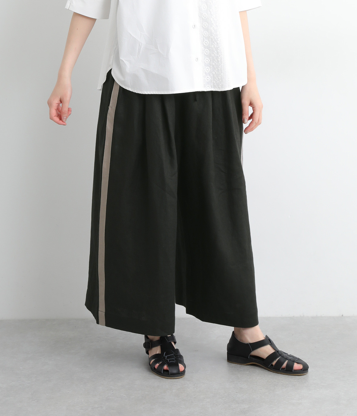 リネンサイドラインクロップドワイドパンツ(ブラック×モカ-ONESIZE)