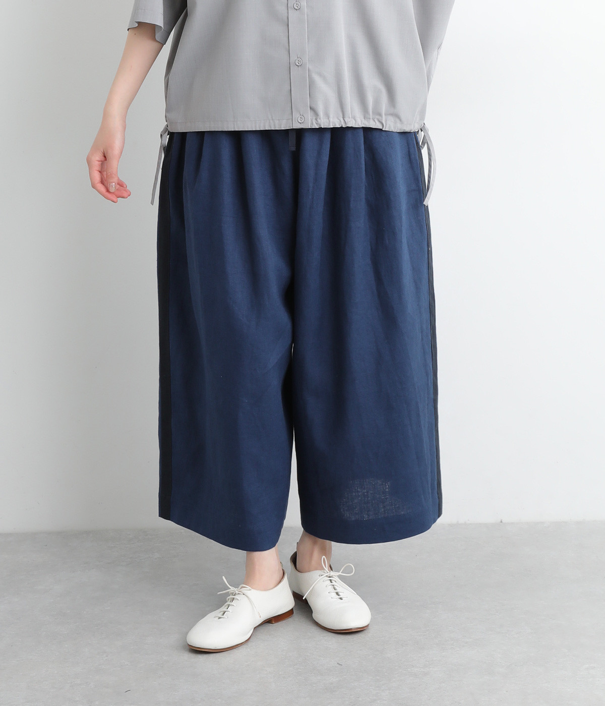 リネンサイドラインクロップドワイドパンツ(ダークブルー×ネイビー-ONESIZE)