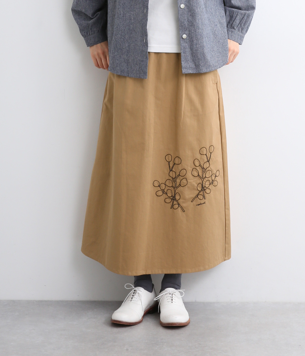 コットンツイルユーカリコットン刺繍スカート(ベージュ-ONESIZE)