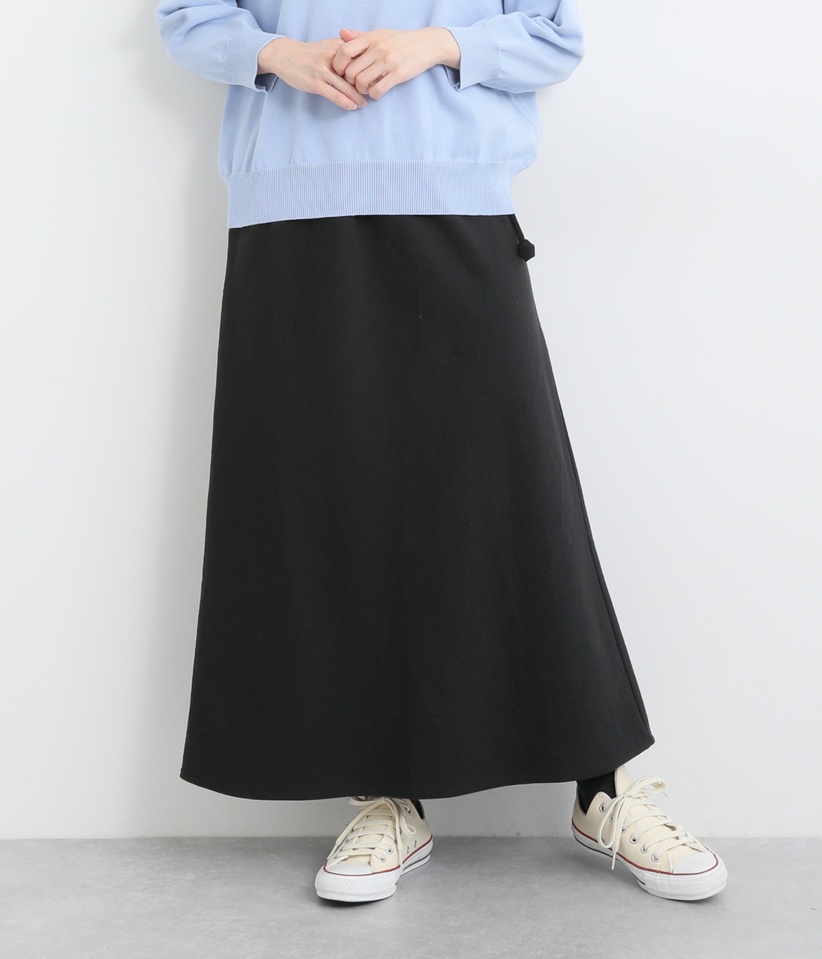 コットンリネンバックヘムロゴ刺繍ナローフレアースカート(ブラック-ONESIZE)