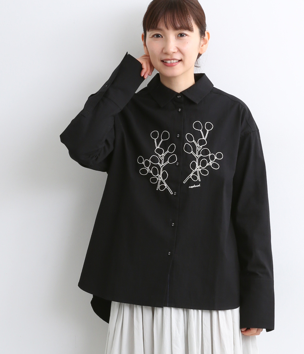 コットンビエラユーカリコットン刺繍シャツ(ブラック-ONESIZE)