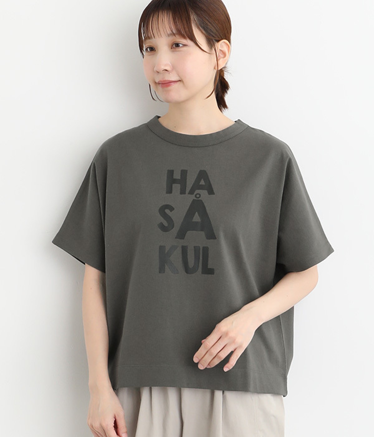 Clocheコットン前後ロゴプリントTシャツ(ダークグレー-ONESIZE)
