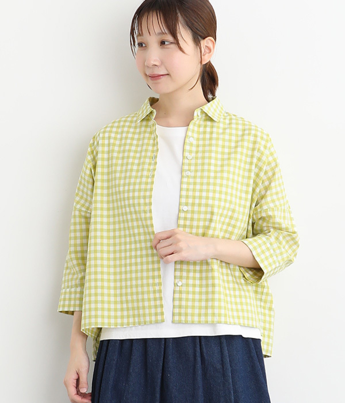 コットンリネンカラーギンガムクロップドシャツ(イエロー-ONESIZE)