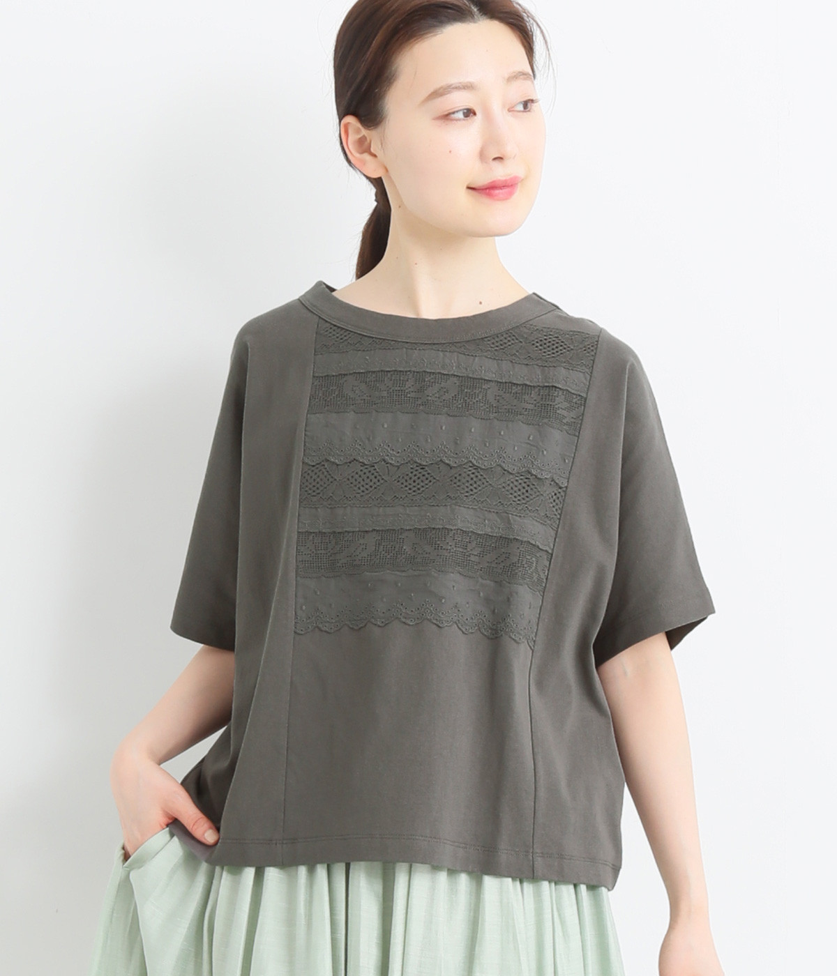 Cloche　レース叩きシャツ(ダークグレー-ONESIZE)