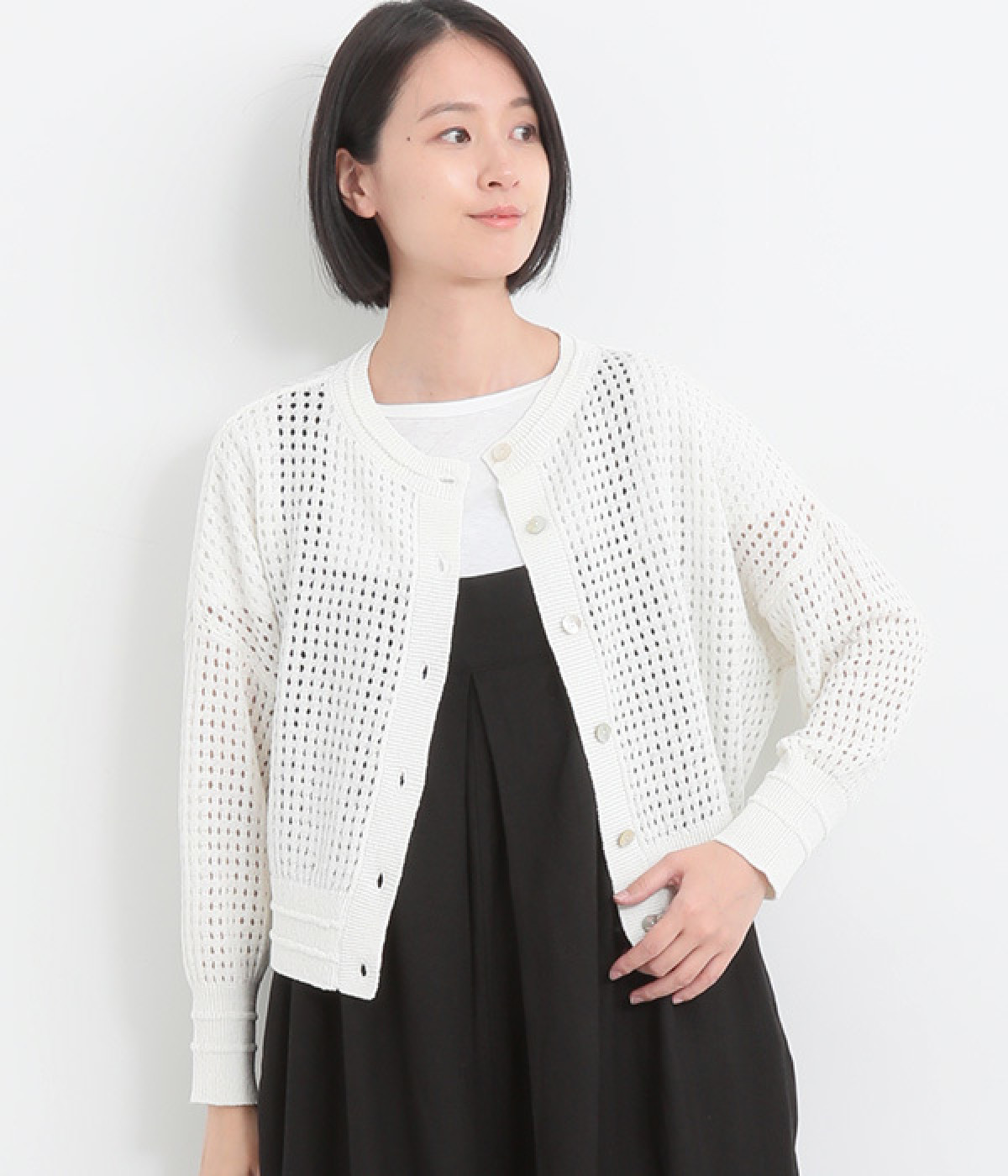 コットンリネンメッシュカーディガン(ホワイト-ONESIZE)