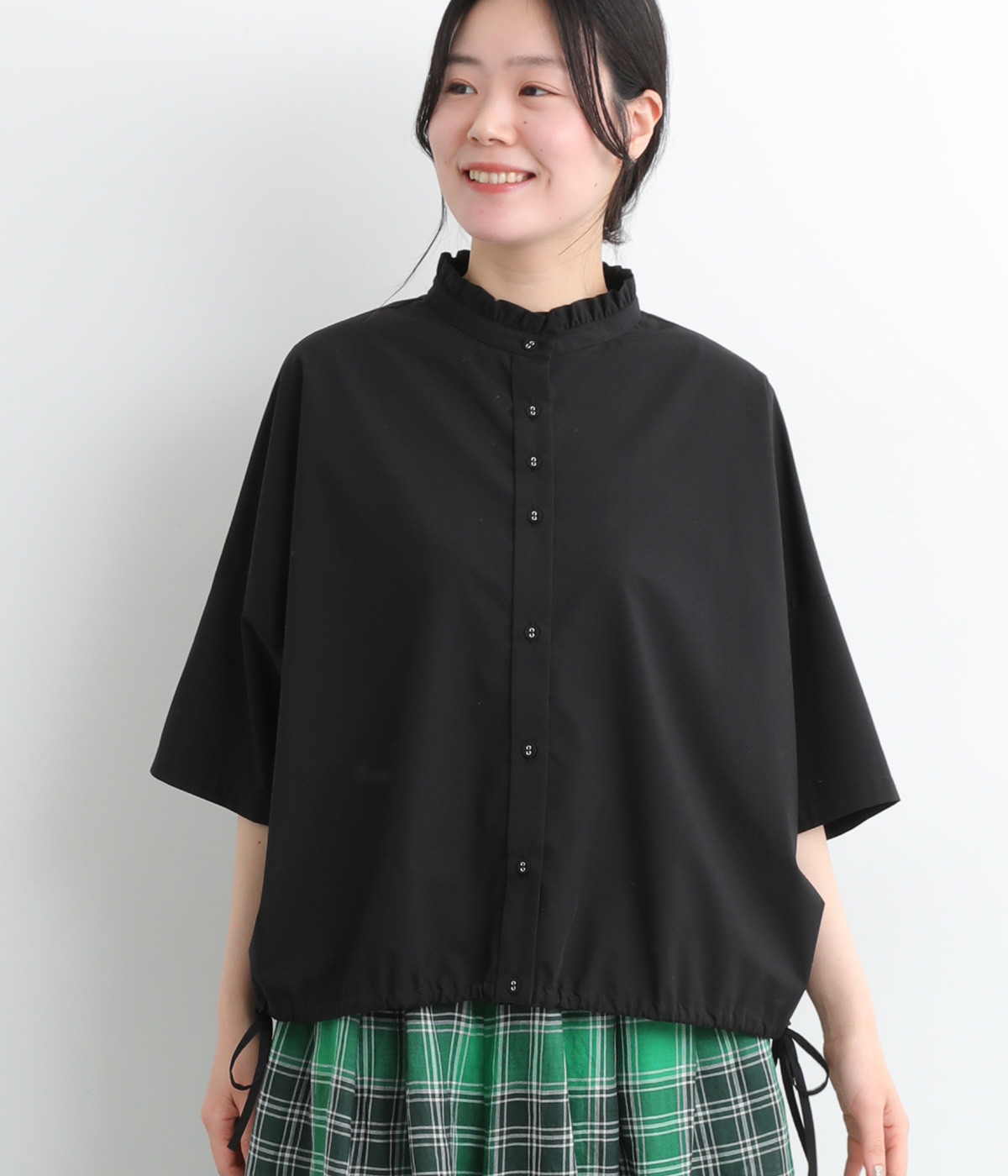 Cloche接触冷感ブロード　スタンドフリル5分袖ブラウス(ブラック-ONESIZE)