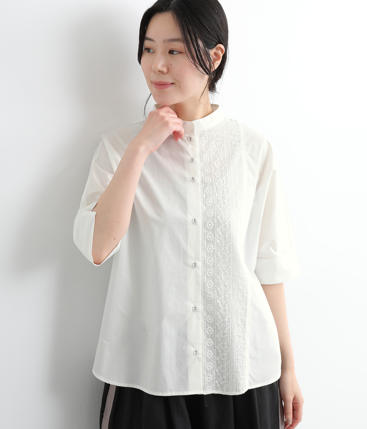Cloche miscボトルネック5分袖ブラウス(オフホワイト-ONESIZE)