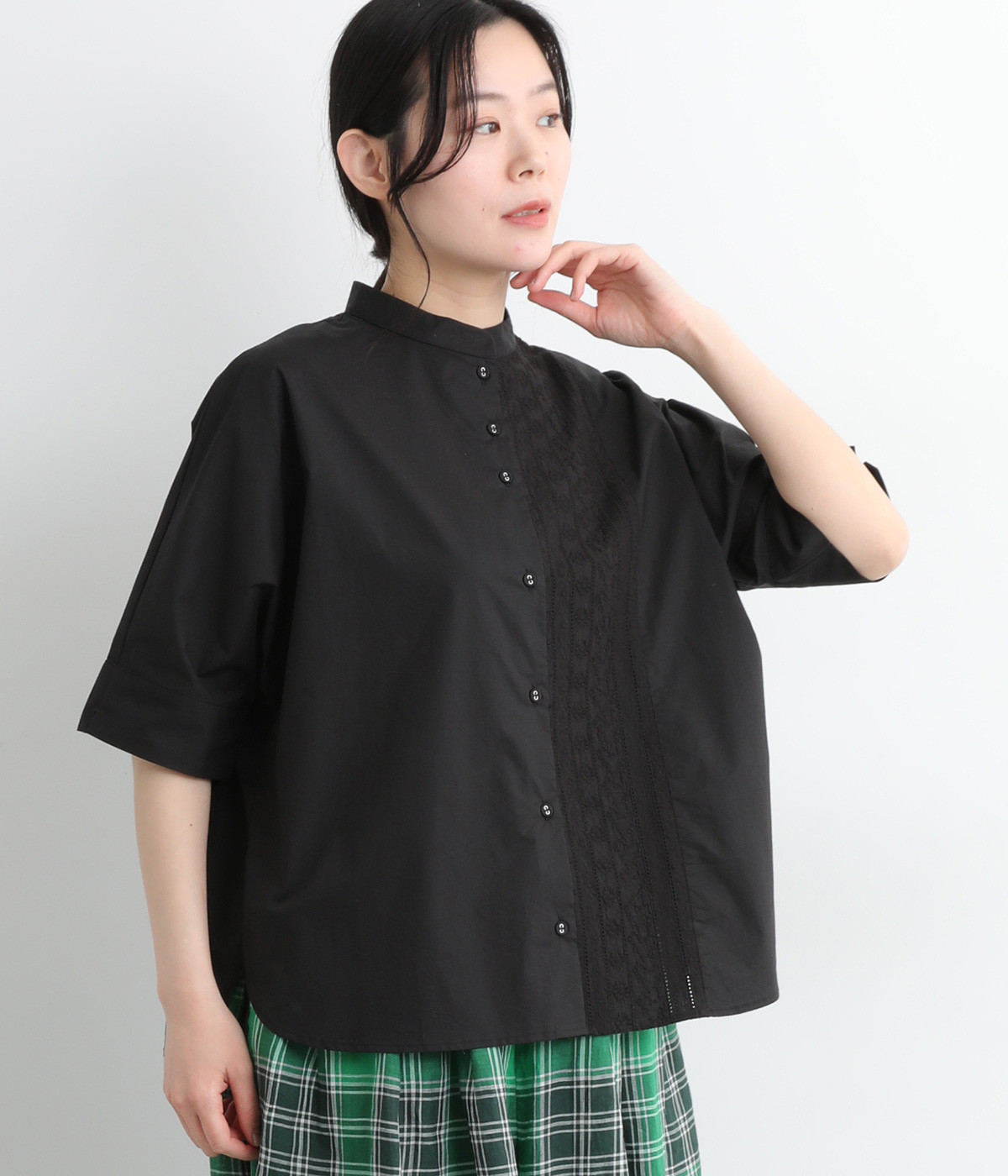 Cloche miscボトルネック5分袖ブラウス(ブラック-ONESIZE)