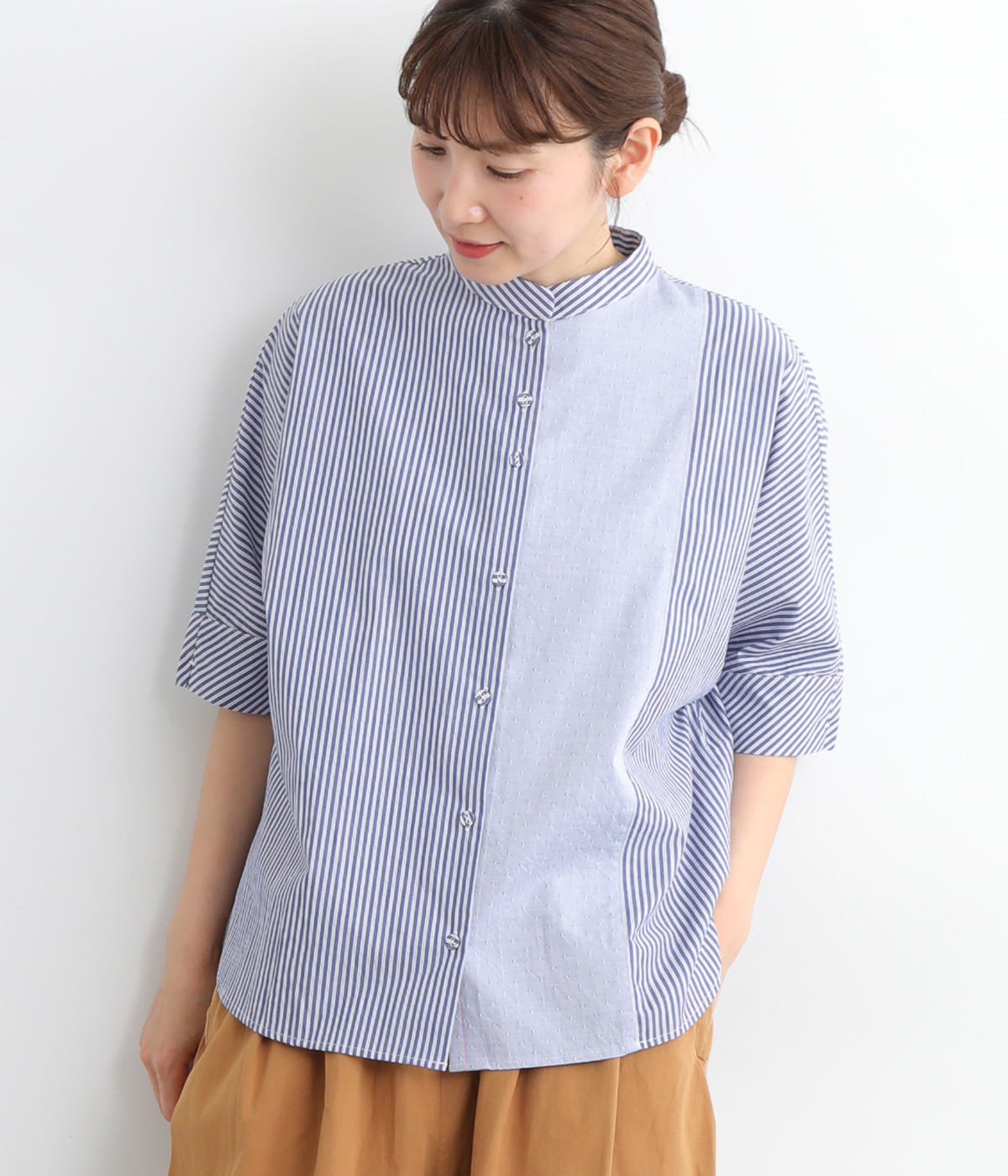 Cloche miscボトルネック5分袖ブラウス(ストライプ-ONESIZE)