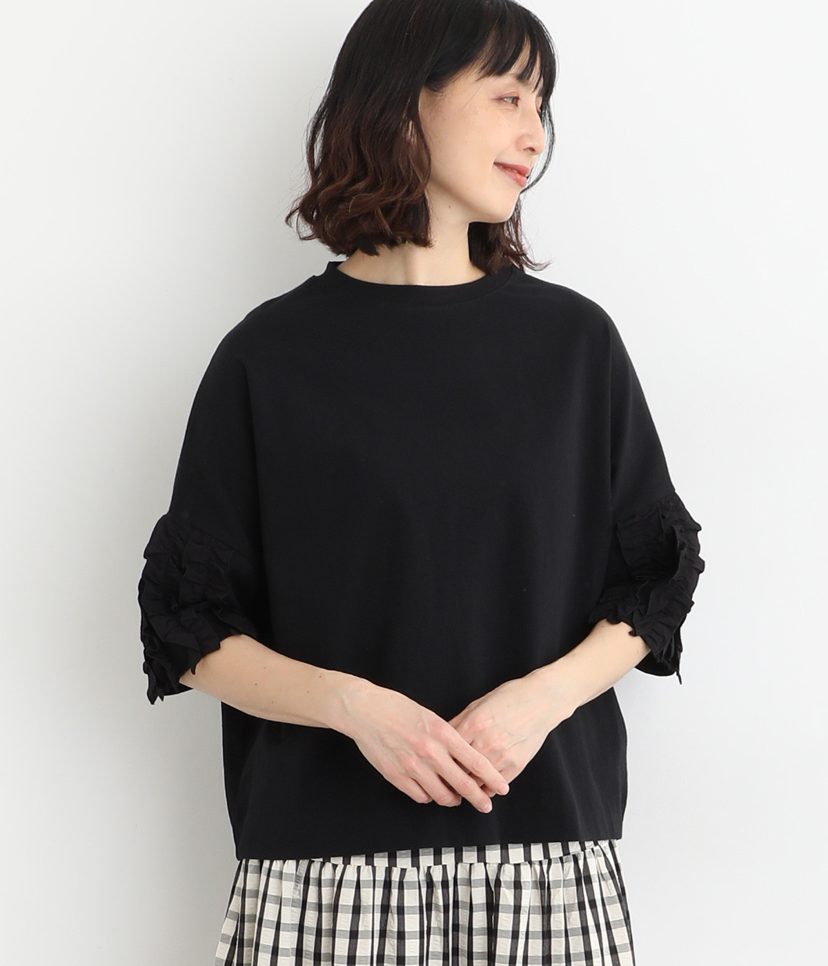 USコットンフリル5分袖Tシャツ(ブラック-ONESIZE)