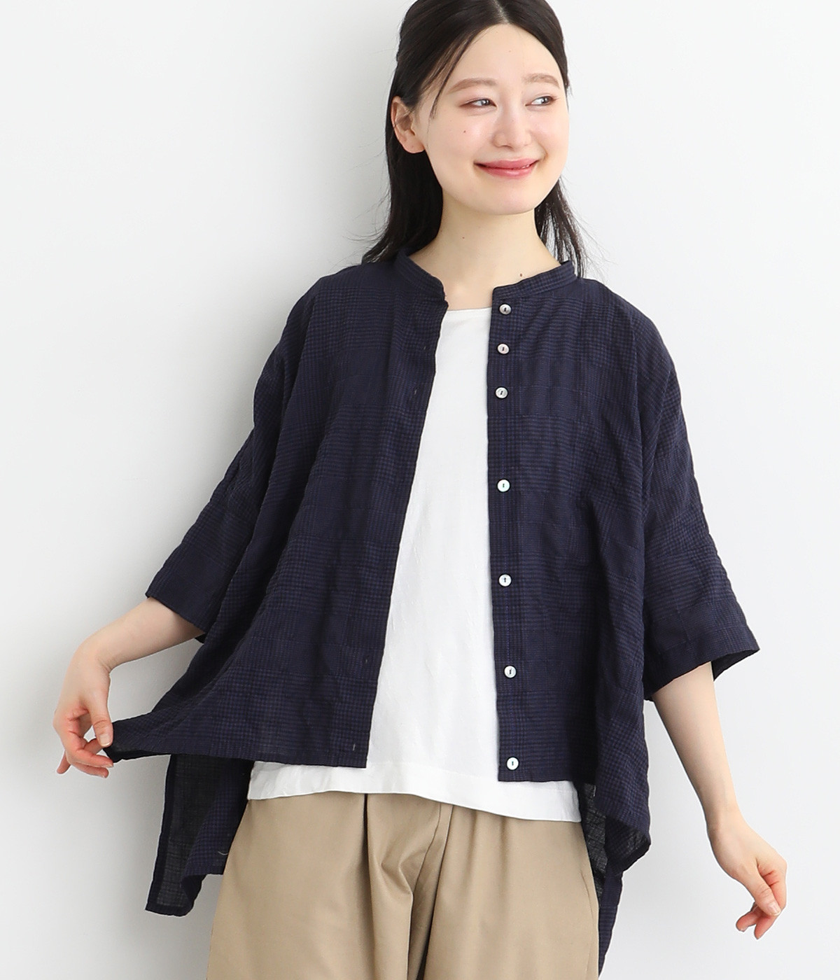 Cielふんわりグレンチェックスタンドカラー5分袖シャツ(ネイビー-ONESIZE)