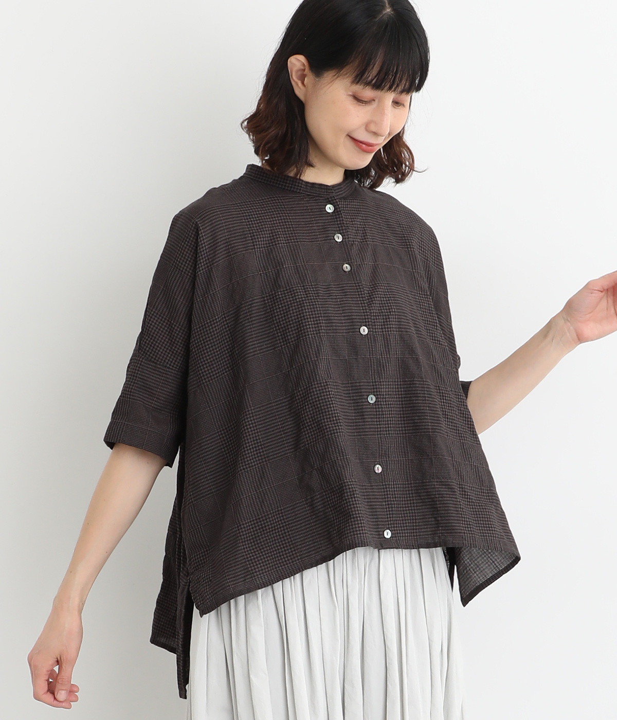 Cielふんわりグレンチェックスタンドカラー5分袖シャツ(ダークグレー-ONESIZE)