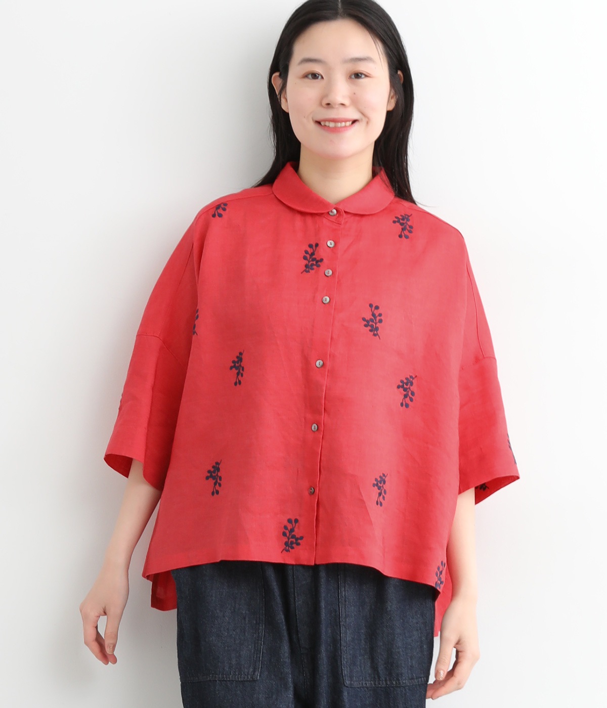 Ciel ユーカリ刺繍6分袖シャツ(レッド-ONESIZE)