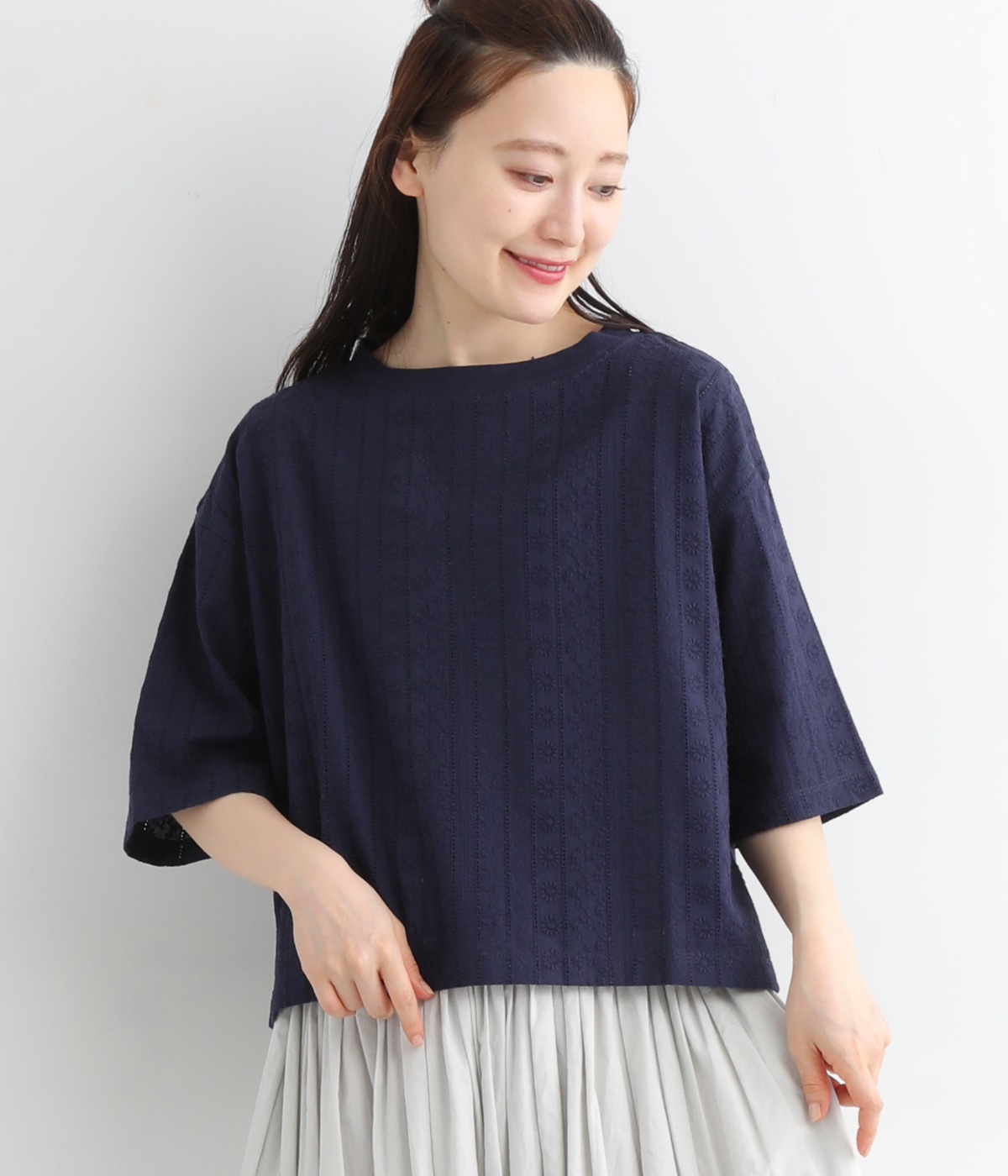 エンブロイダリーレース × USコットンTシャツ(ダークブルー-ONESIZE)
