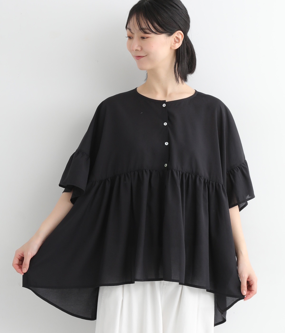 Ciel 接触冷感 ローンシアーボリュームラッフルブラウス(ブラック-ONESIZE)