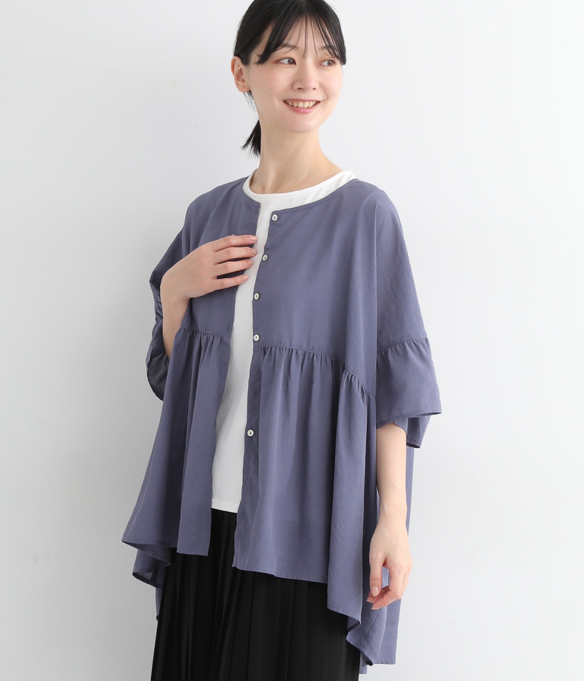 Ciel 接触冷感 ローンシアーボリュームラッフルブラウス(ブルー-ONESIZE)