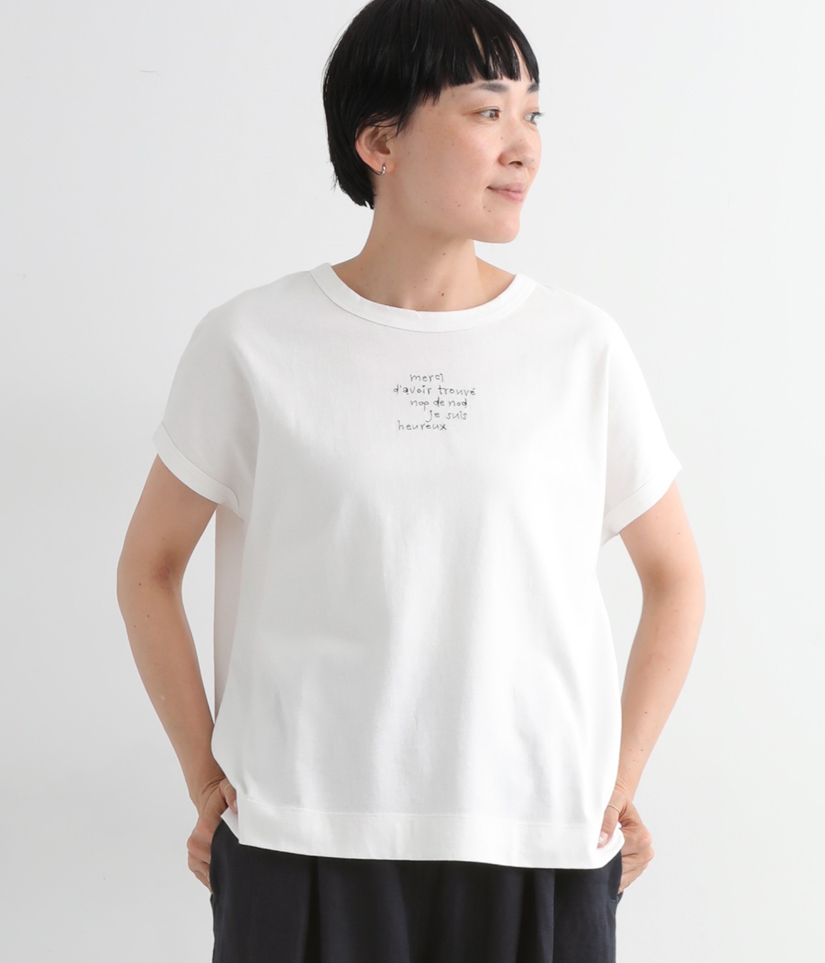 USコットン書き文字ロゴ刺繍フレンチT(オフホワイト-ONESIZE)