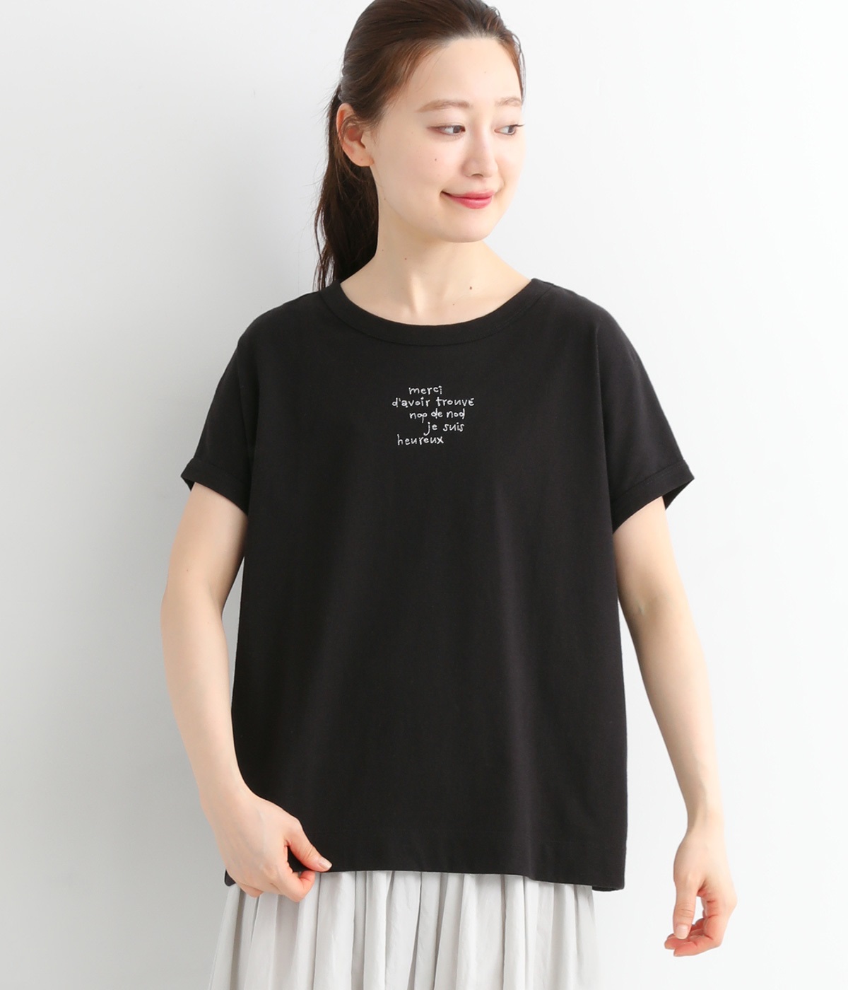 USコットン書き文字ロゴ刺繍フレンチT(ブラック-ONESIZE)