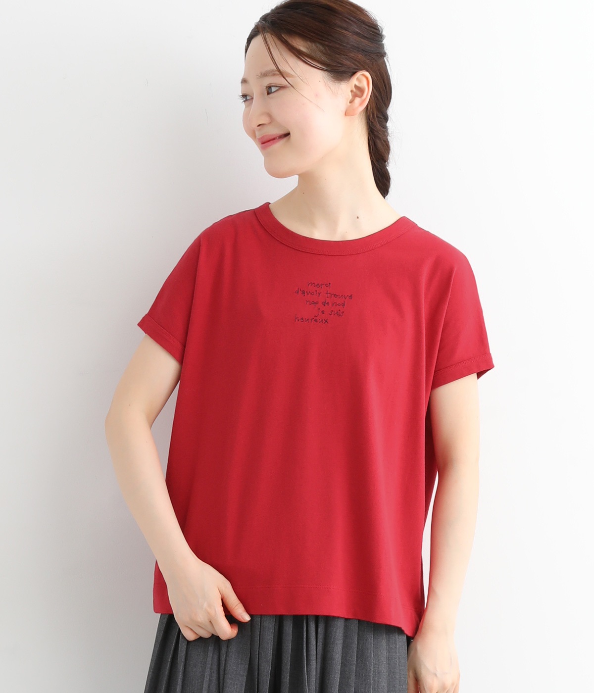USコットン書き文字ロゴ刺繍フレンチT(レッド-ONESIZE)