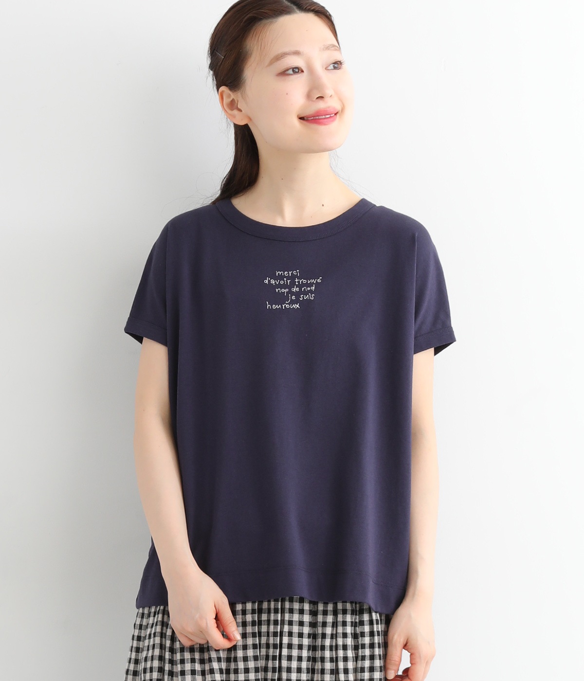 USコットン書き文字ロゴ刺繍フレンチT(ダークブルー-ONESIZE)