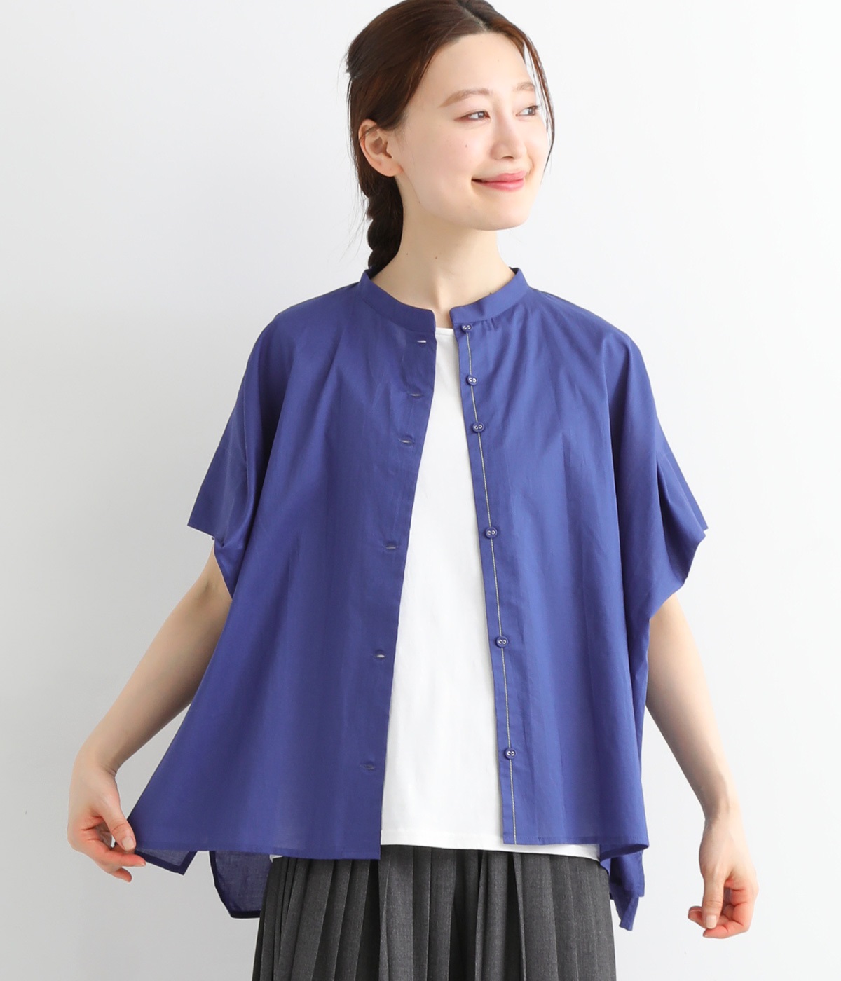 Cielタックショルダースタンドカラーシャツ(ダークブルー-ONESIZE)