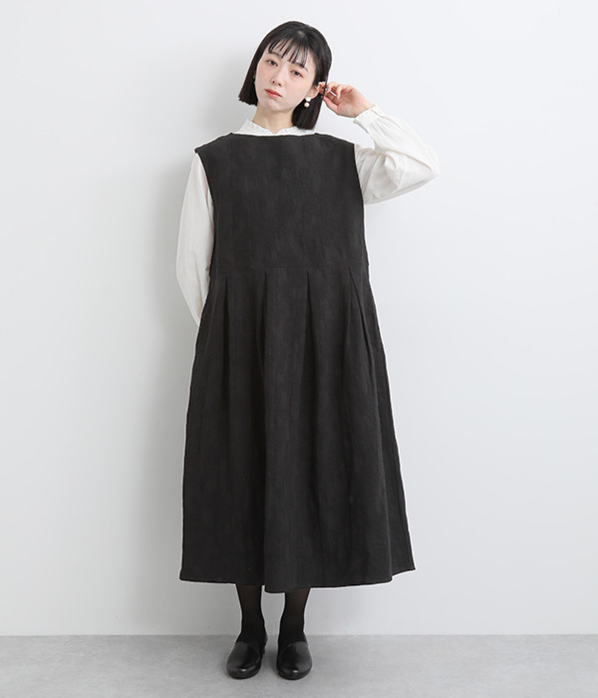 コットンリネンジャカード2wayノースリーブワンピース(ブラック-ONESIZE)