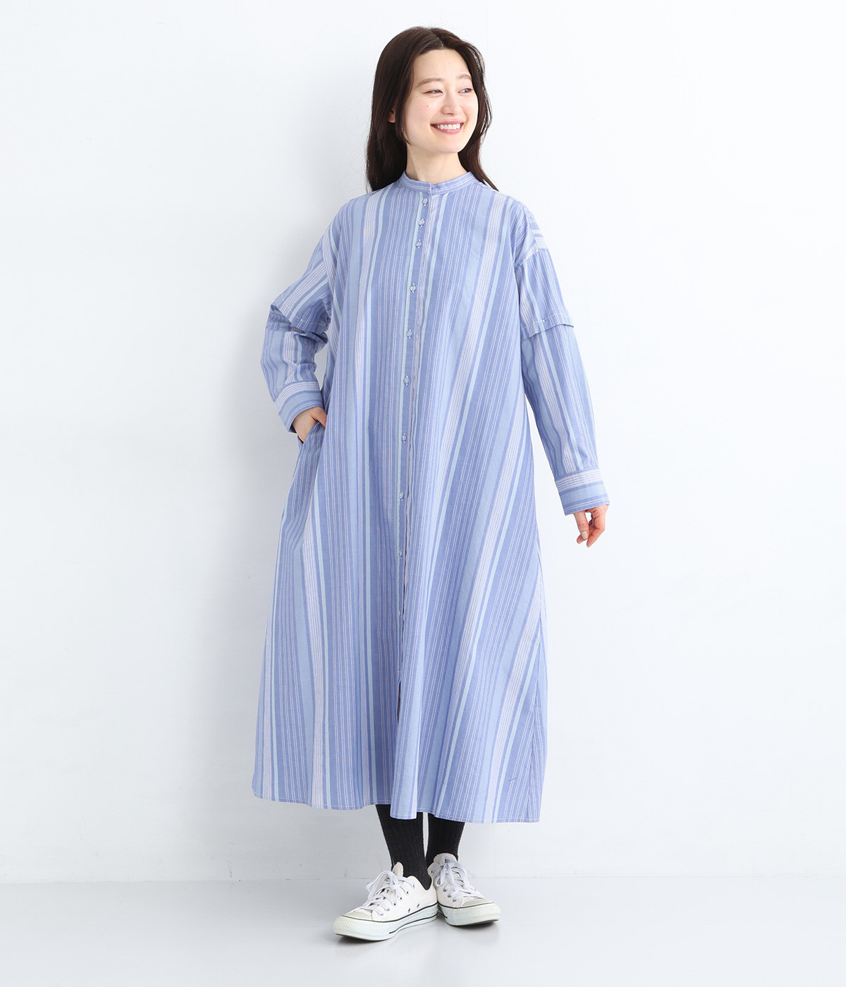 先染タイプライター取り外しスリーブシャツワンピース(ストライプ-ONESIZE)