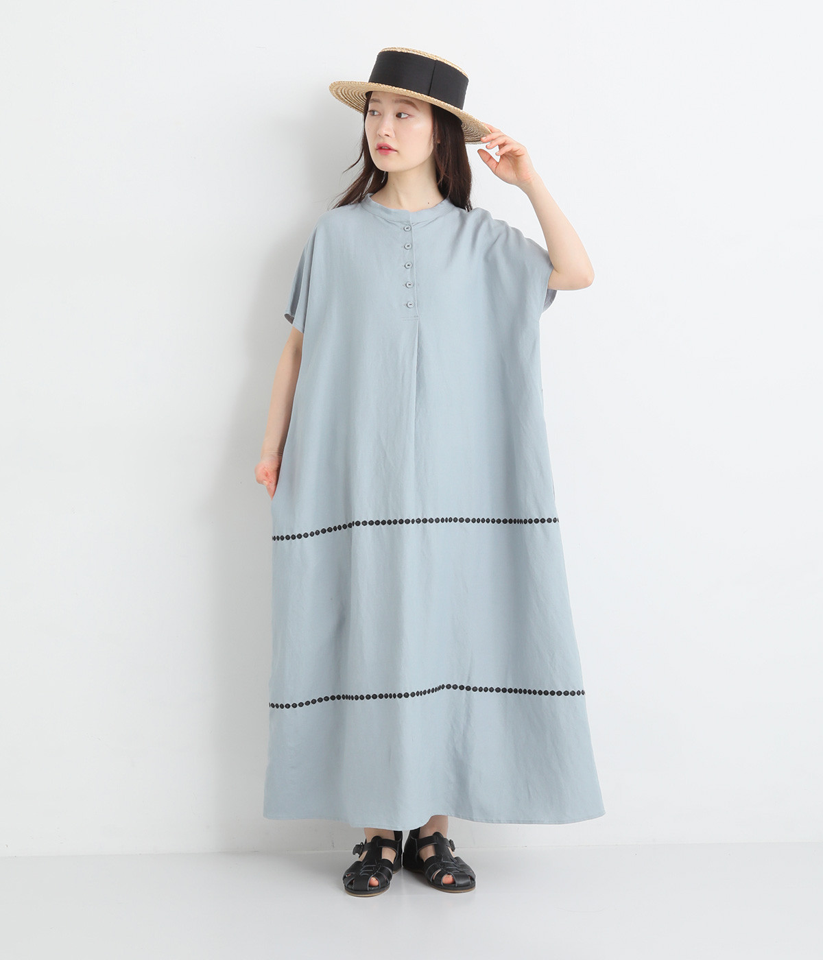 リネンレーヨンライン刺繍2wayワンピース(ライトブルー-ONESIZE)