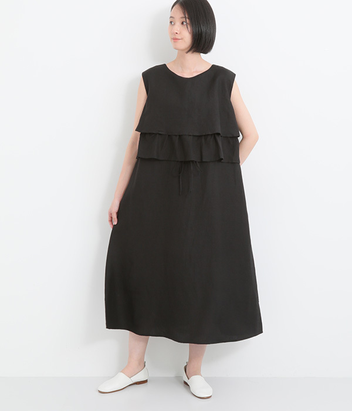 リネンレーヨンラッフル2wayノースリーブワンピース(ブラック-ONESIZE)
