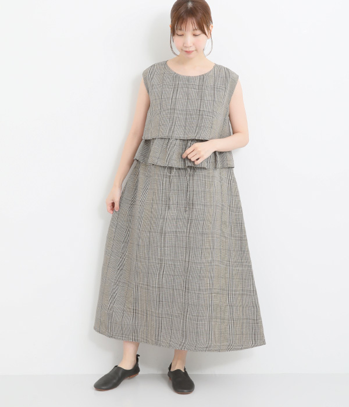 リネンレーヨンラッフル2wayノースリーブワンピース(グレンチェック-ONESIZE)