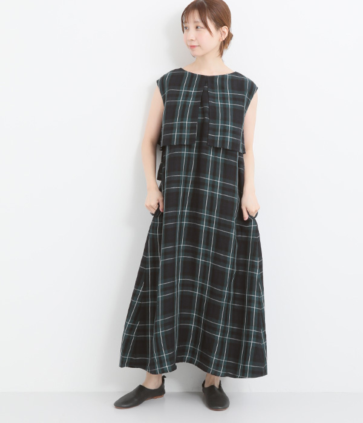 リネンレーヨンラッフル2wayノースリーブワンピース(ブラックウォッチ-ONESIZE)