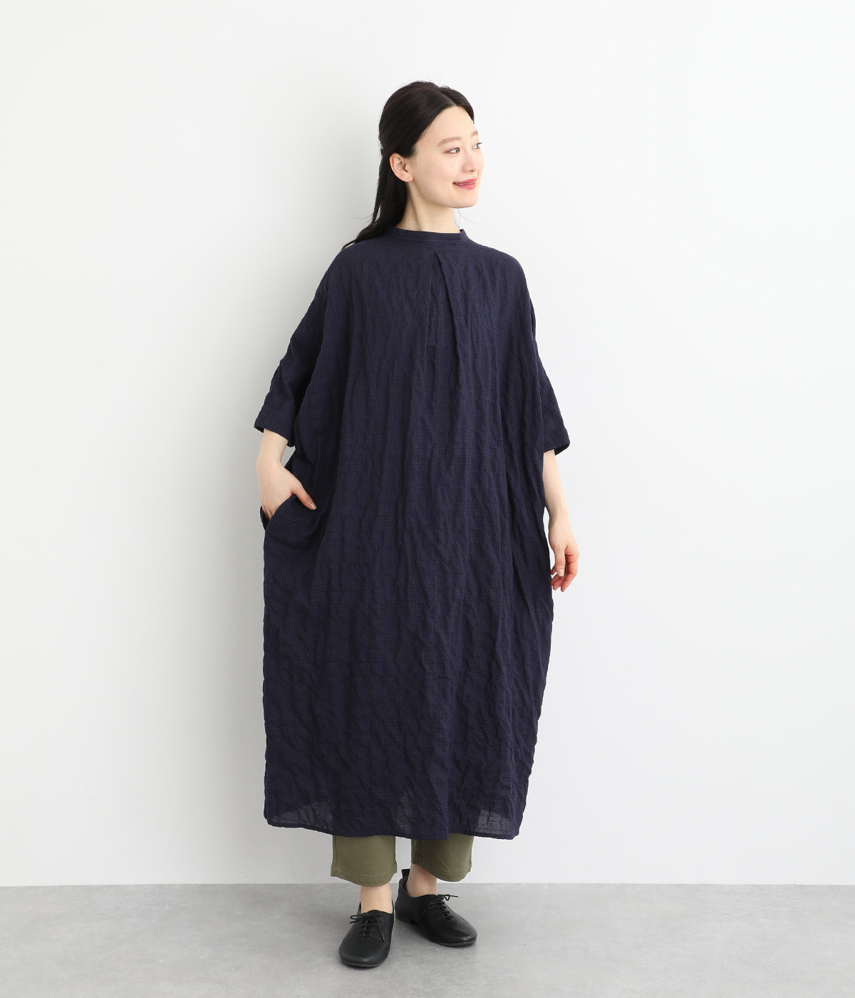Clocheふんわりグレンチェック2wayワンピース(ネイビー-ONESIZE)