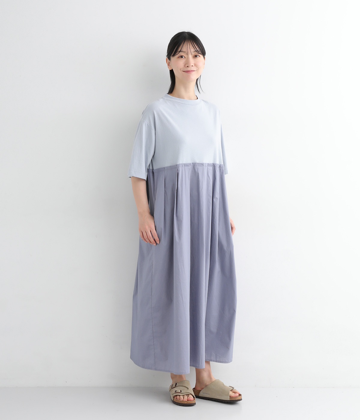 USコットン布帛ドッキングワンピース(ブルー-ONESIZE)