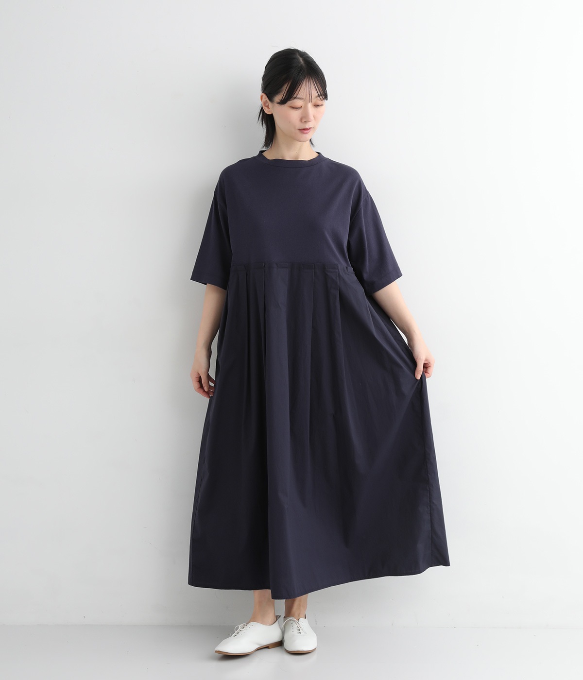USコットン布帛ドッキングワンピース(ダークブルー-ONESIZE)