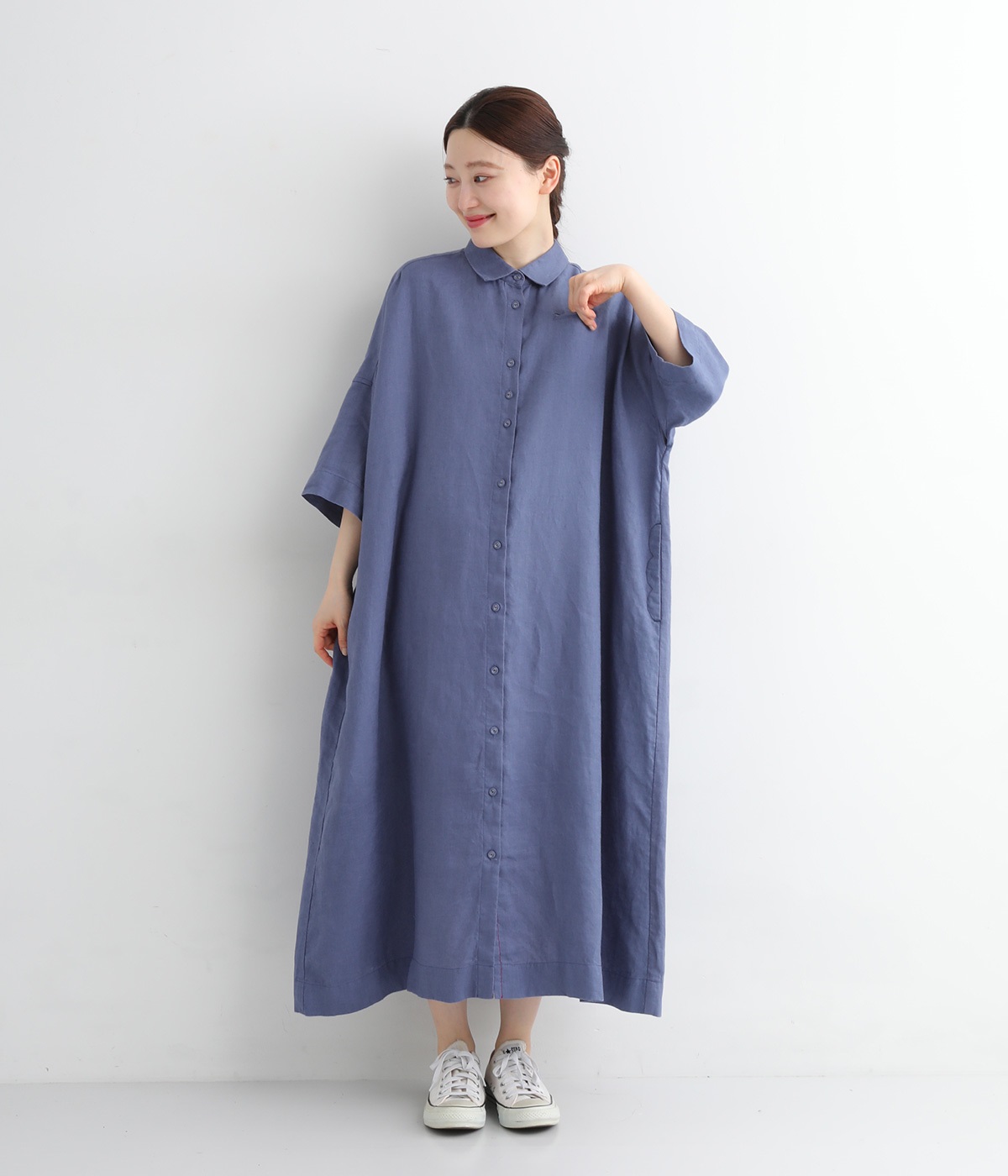 Cielリネン5分袖シャツワンピース(ブルー-ONESIZE)
