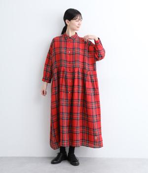 リネンタータンチェック　ウエストタック切り替えワンピース(レッド-ONESIZE)