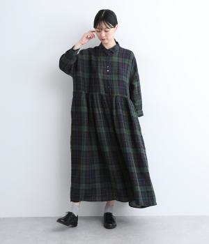 リネンタータンチェック　ウエストタック切り替えワンピース(ネイビー-ONESIZE)
