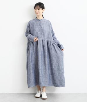 リネンバンドカラーシャツワンピース(ストライプ-F)