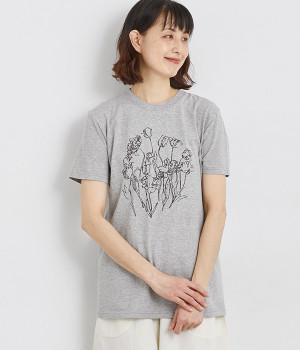 コットン天竺 プリントTシャツ　FLOWER(杢グレー×ブラック-M)