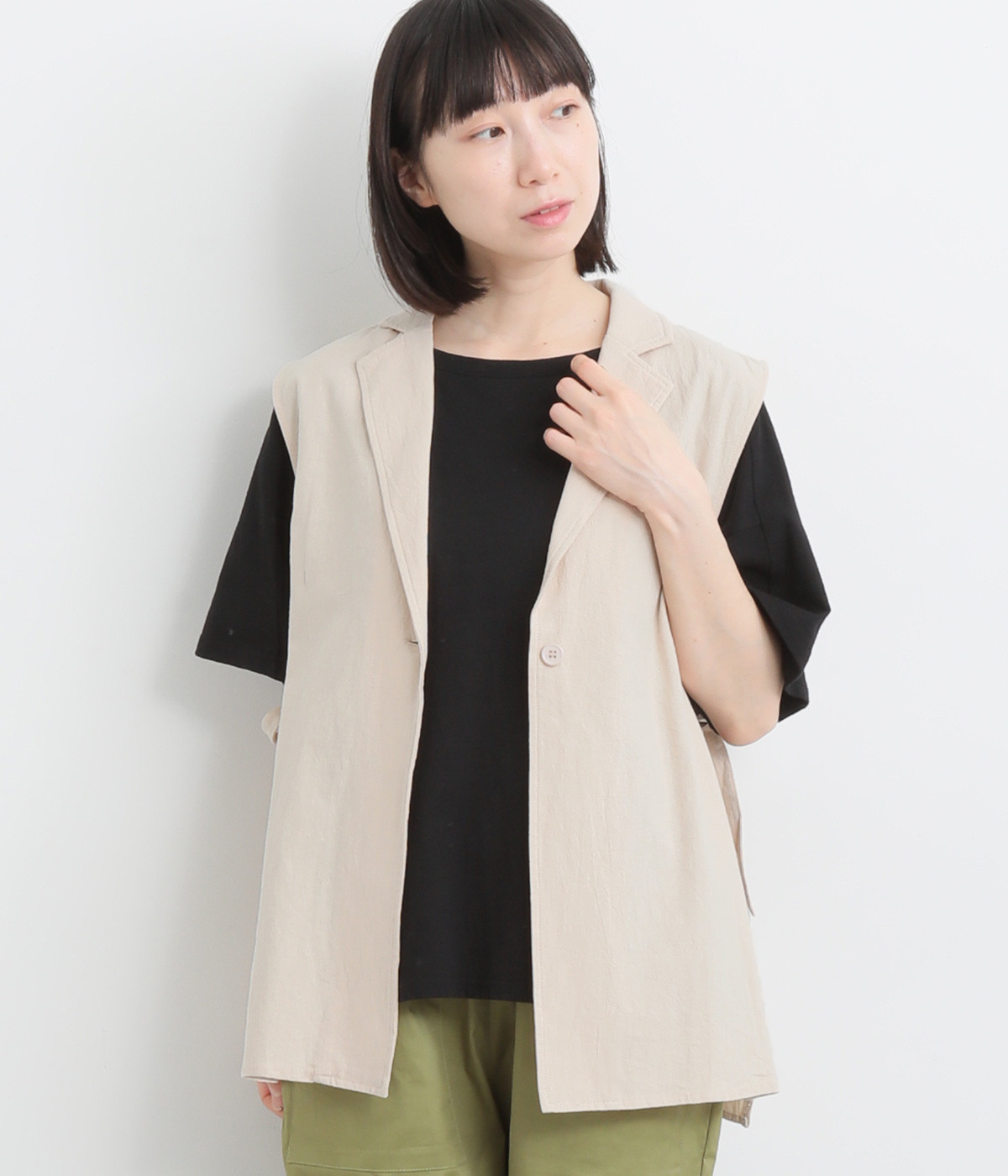 ワッシャーコットン サイドベルトロングベスト(サンド-ONESIZE)
