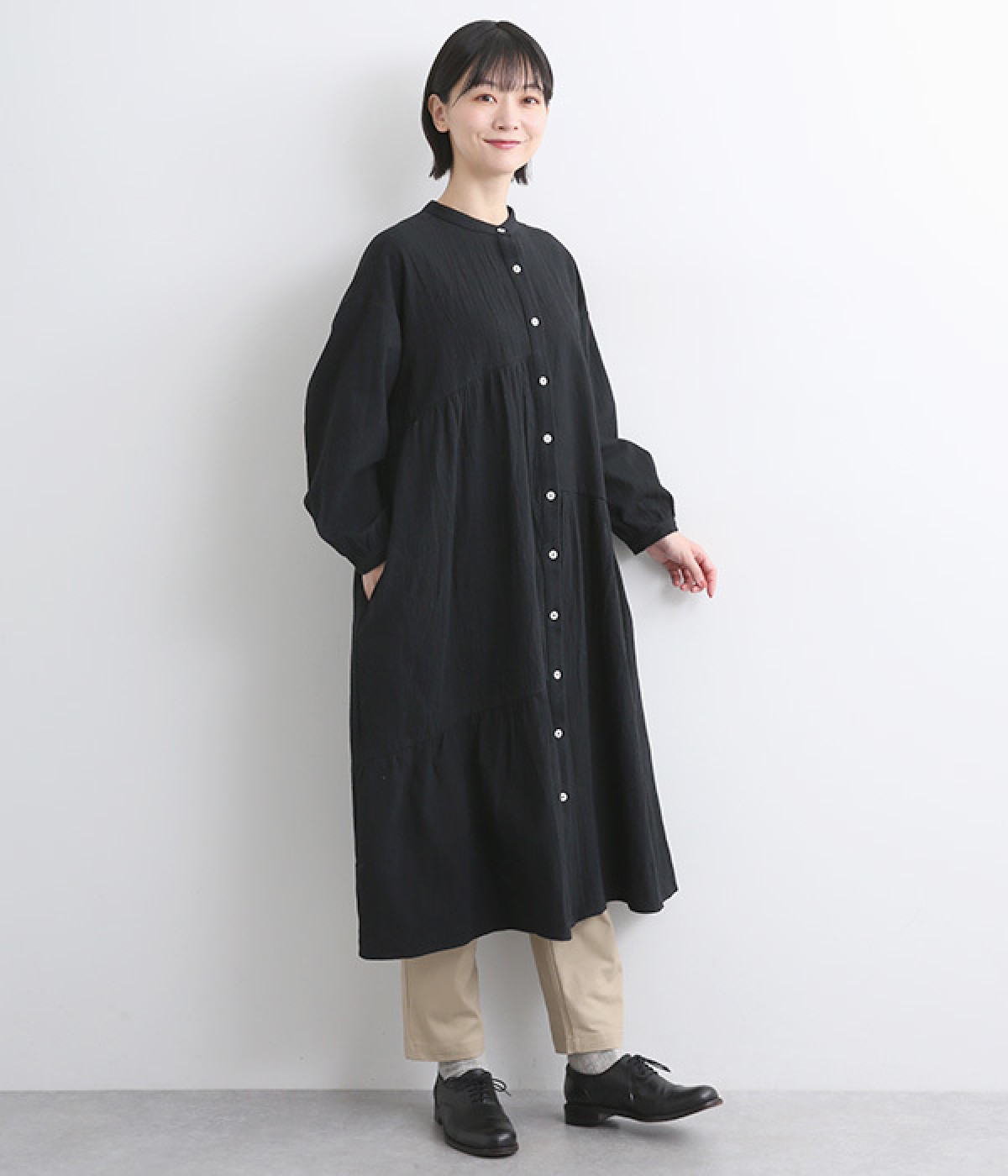 リネンワッシャー ステップギャザーワンピース(ブラック-ONESIZE)