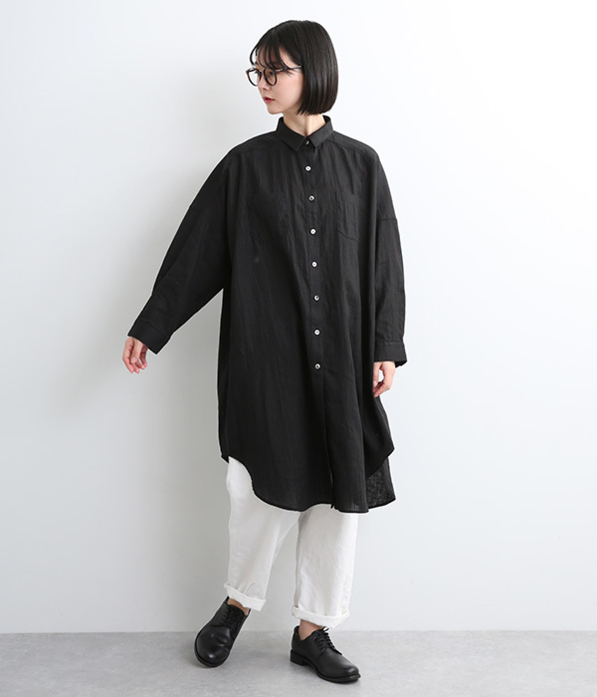 リネンワッシャー襟付きロングシャツ(ブラック-ONESIZE)
