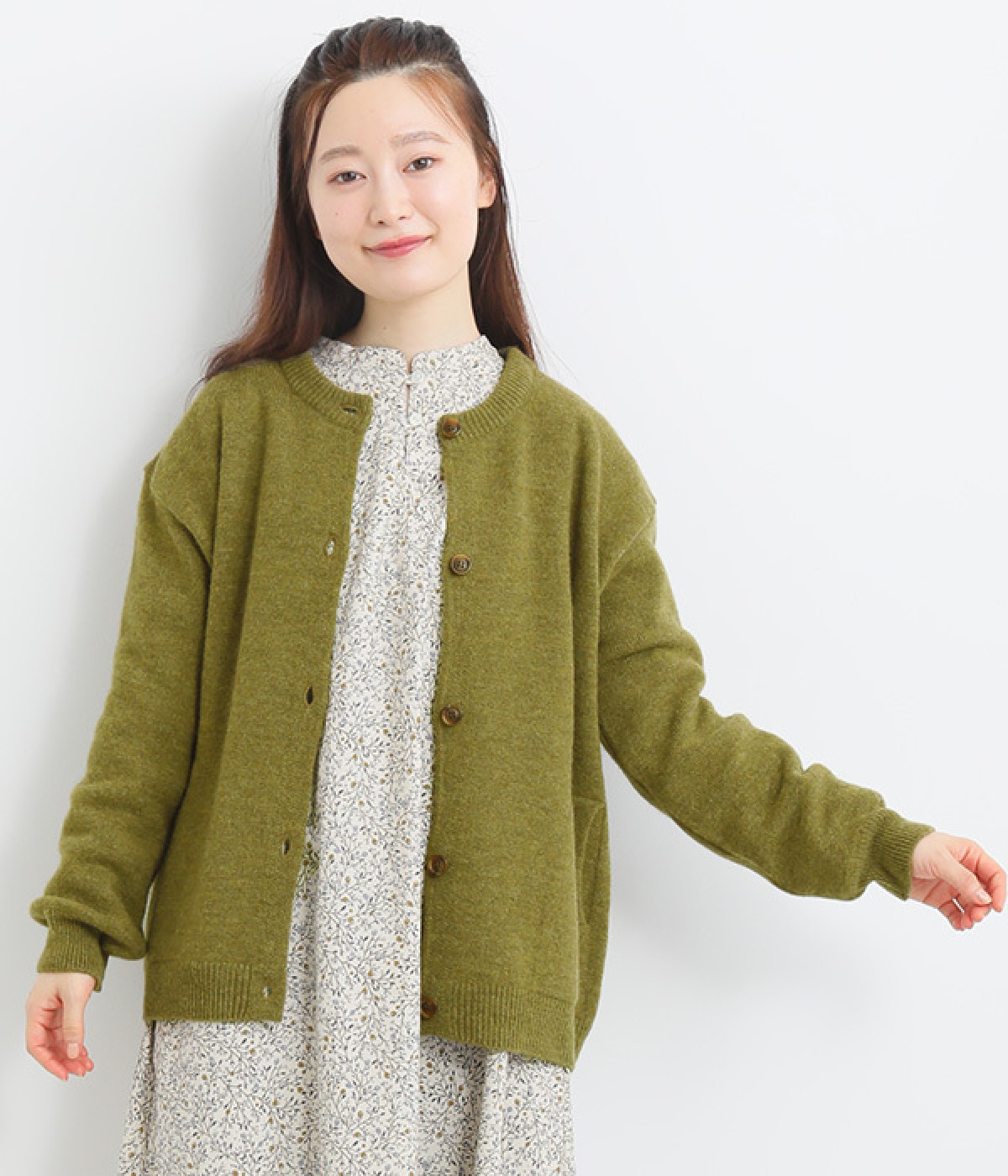 アルパカウールクルーネックカーディガン(カーキ-ONESIZE)