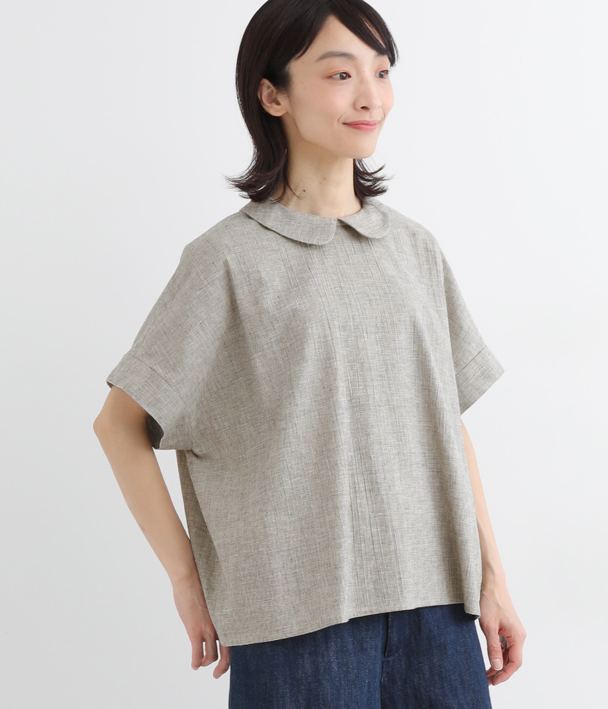 コットンリネンポプリンシャツカラーブラウス(ブラック-ONESIZE)